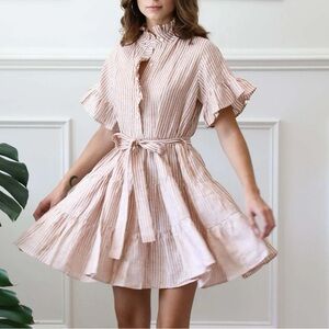 NWT Mille Resort Violetta Stripe Ruffle Short Sleeve Mini Linen Wrap Dress